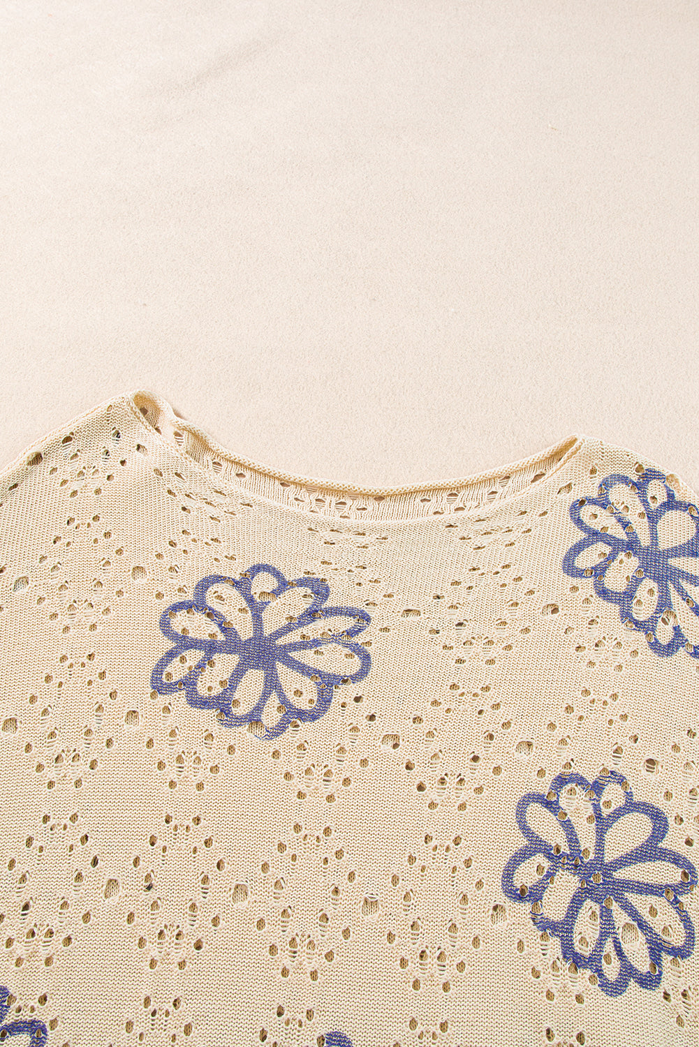 Contrast Flower Print Eyelet Drop Shoulder Sweater | Beige