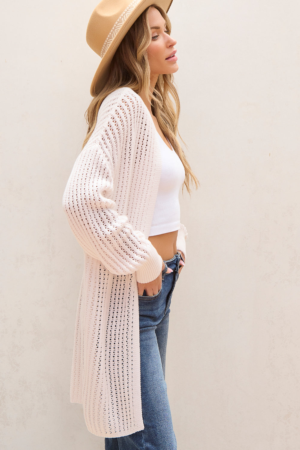 Hollowed Crochet Drop Shoulder Open Front Cardigan | Jet Stream