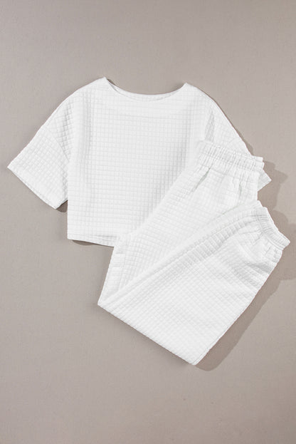 Lattice Textured Cropped Tee And Jogger Pants Set | White