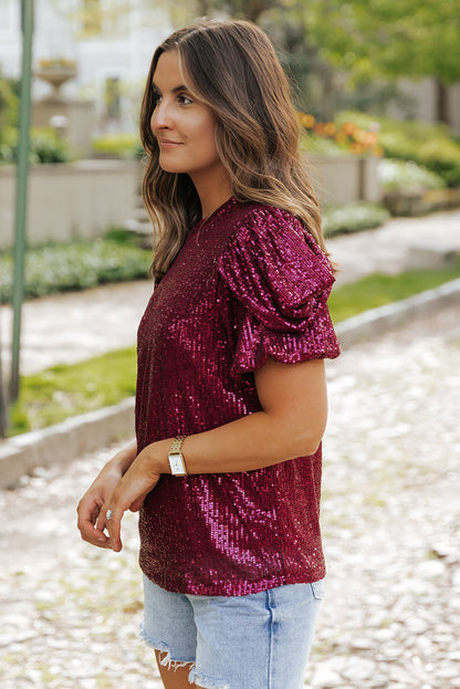 Glittering Sequin Short Bubble Sleeve Blouse | Burgundy