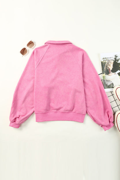 Washed Snap Buttons Lantern Sleeve Pullover Sweatshirt | Pink