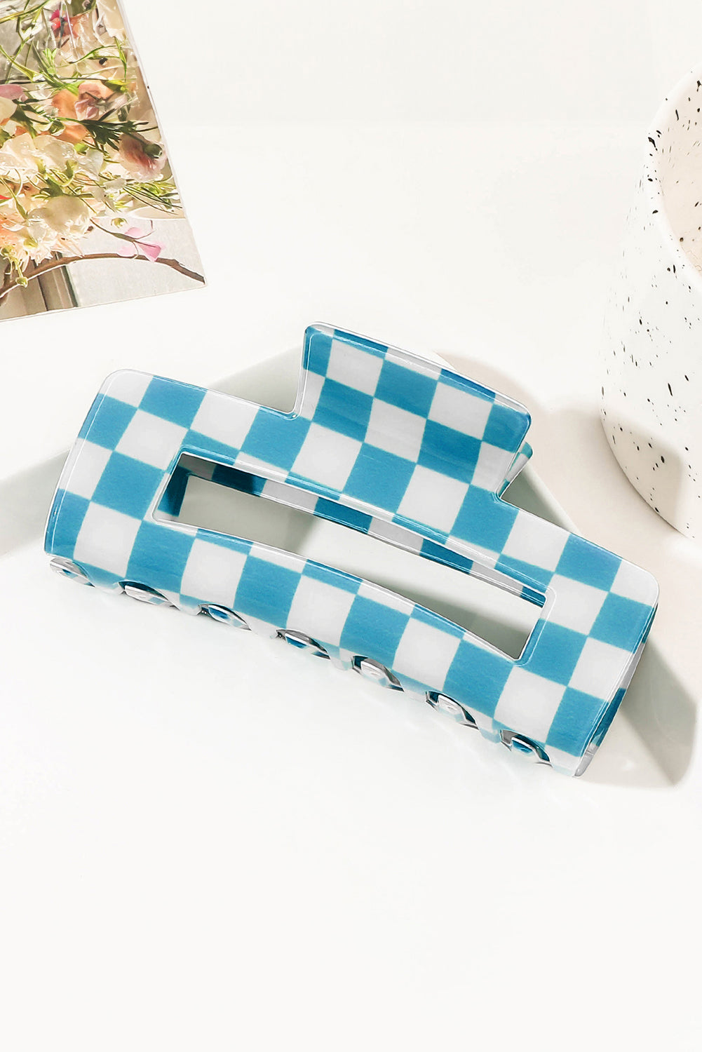 Checkered Print Hollow Out Hair Clip | Sky Blue