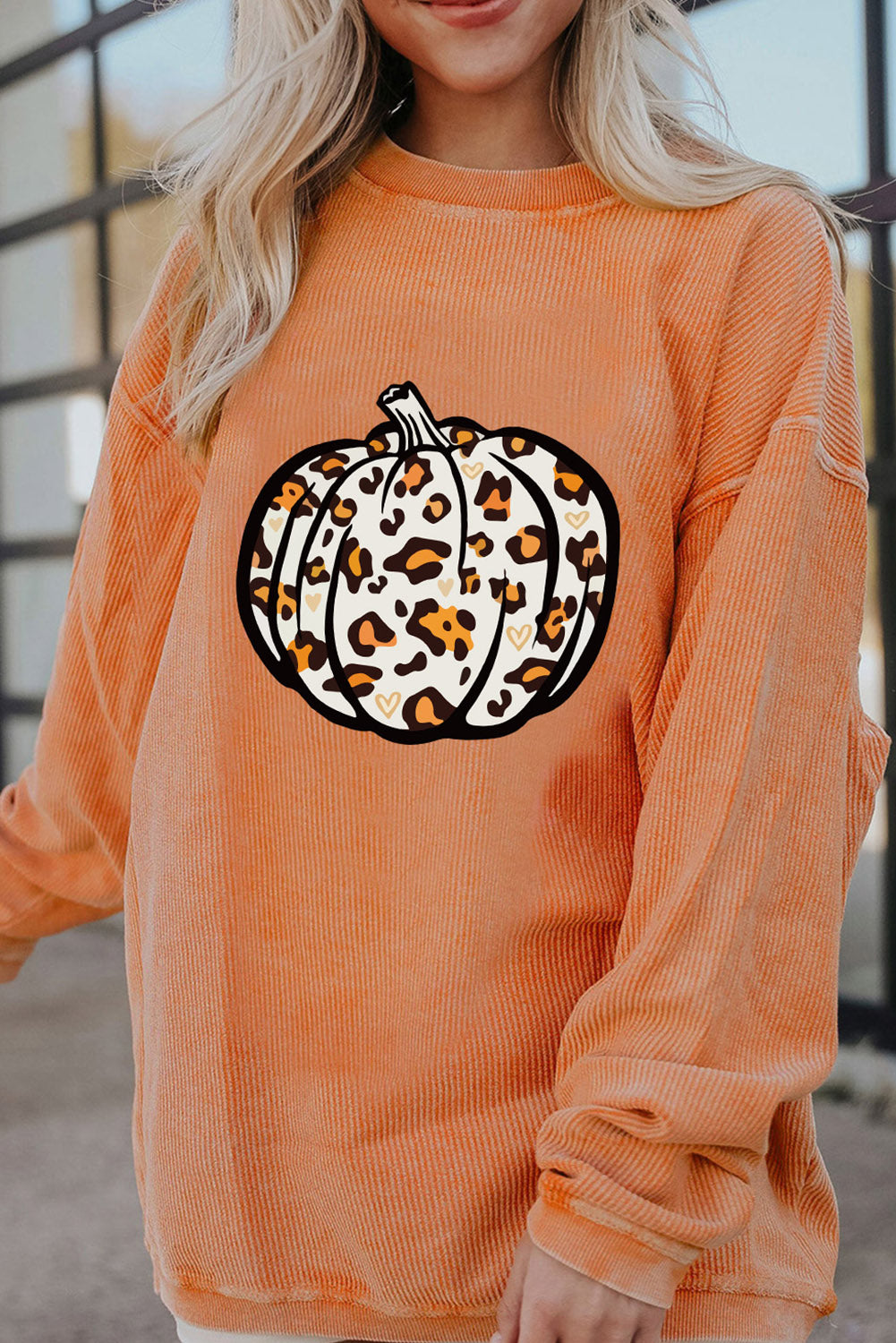 Leopard Pumpkin Graphic Corded Sweatshirt | Orange