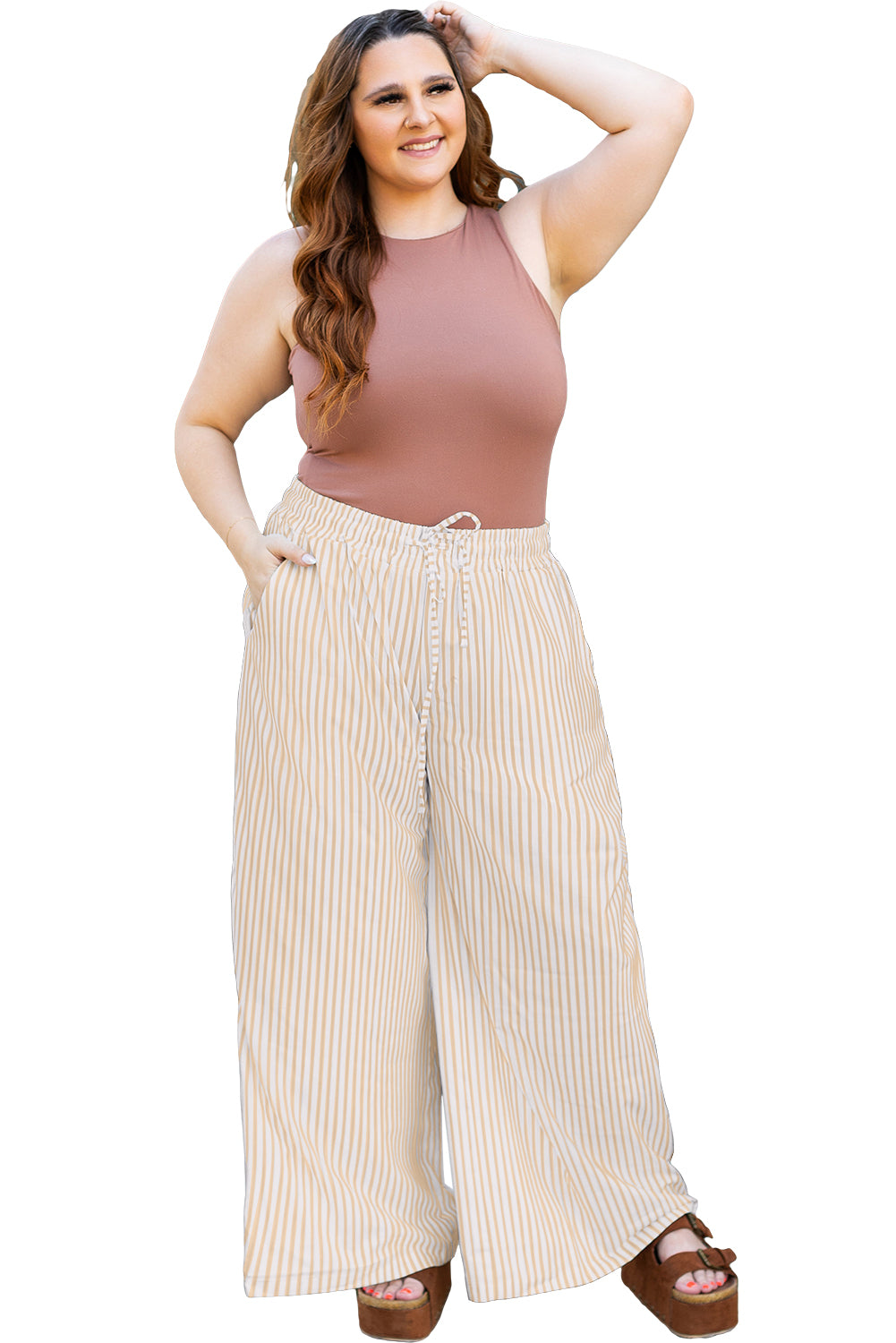 Plus Size Drawstring High Waist Wide Leg Pants | Khaki Stripe