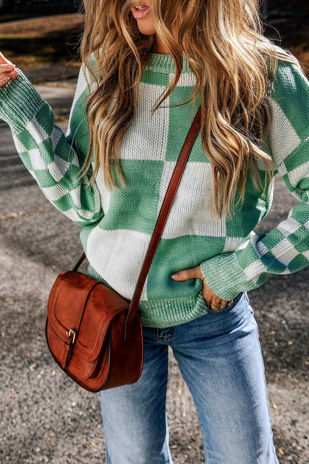 Checkered Print Drop Shoulder Sweater | Mint Green