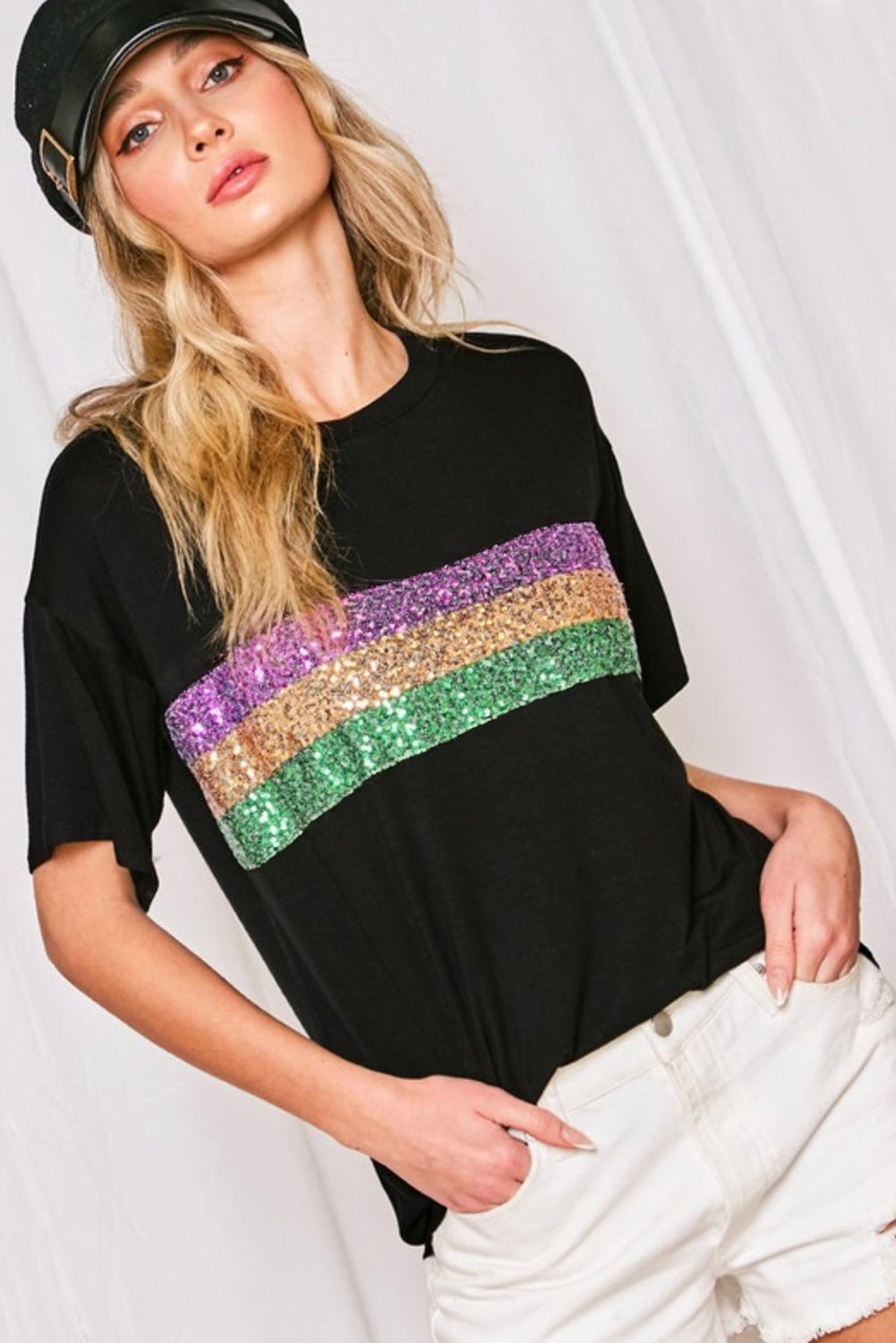 Sequin Stripes Patchwork Mardi Gras Crew Neck T Shirt | Black