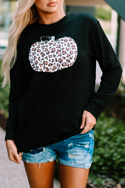 Halloween Animal Print Pumpkin Graphic Black Sweatshirt