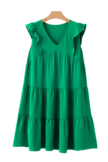 Solid Colour V Neck Ruffle Tiered Mini Dress | Bright Green