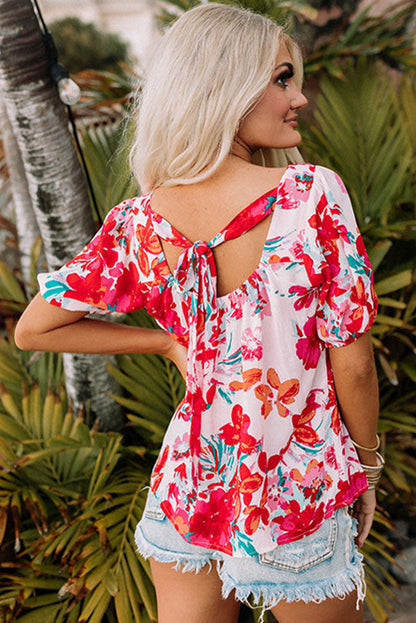 Fiery  Floral Printed Square Neck Blouse | Red