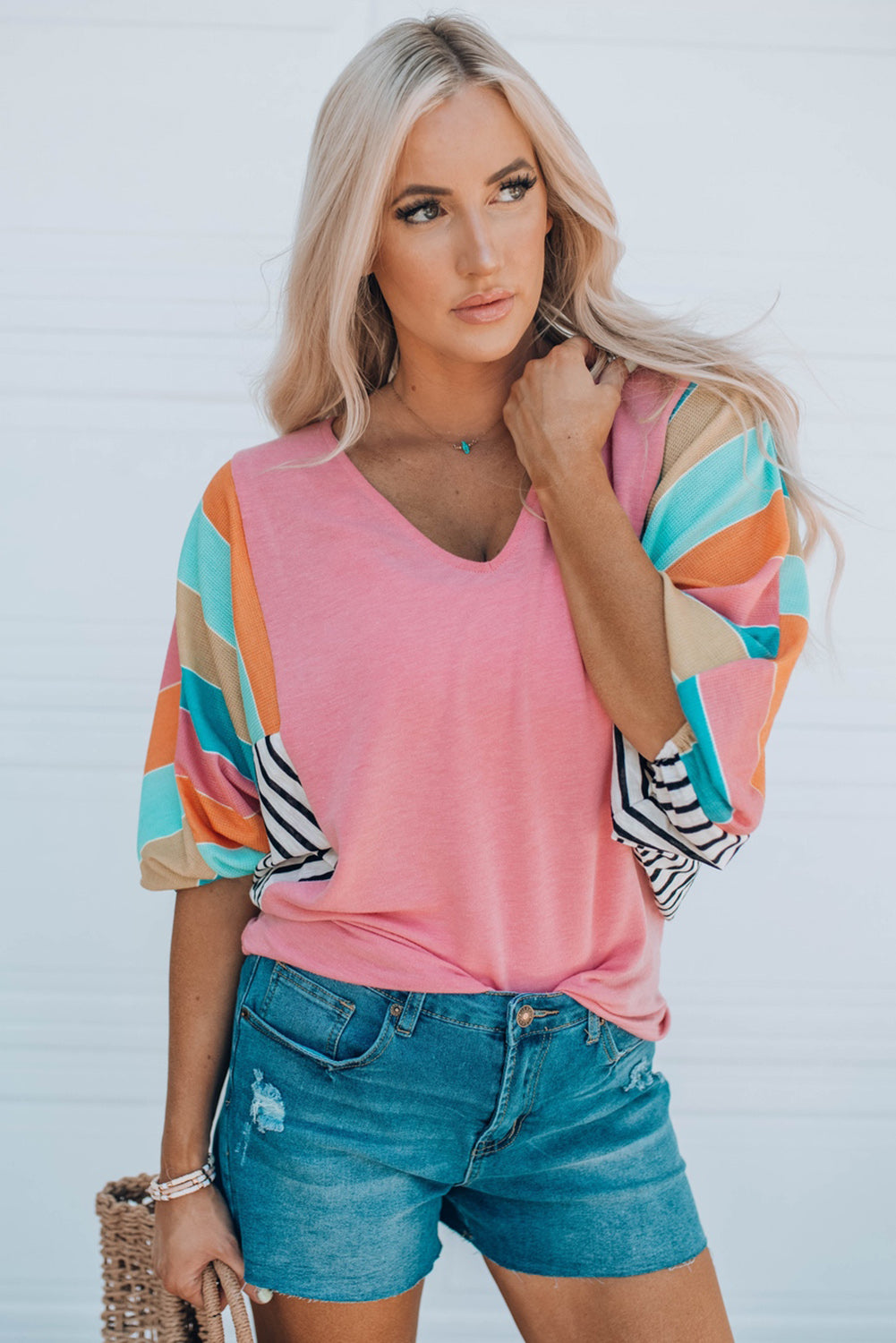 Stripe Colour Block Bubble Sleeve Top | Pink