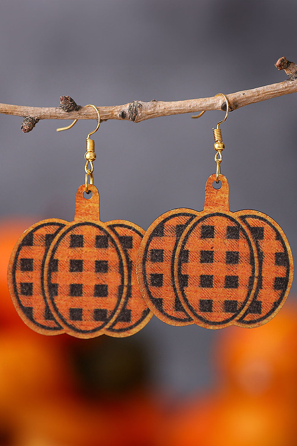 Plaid Print Pumpkin Shape Halloween Drop Earrings | Russet Orange