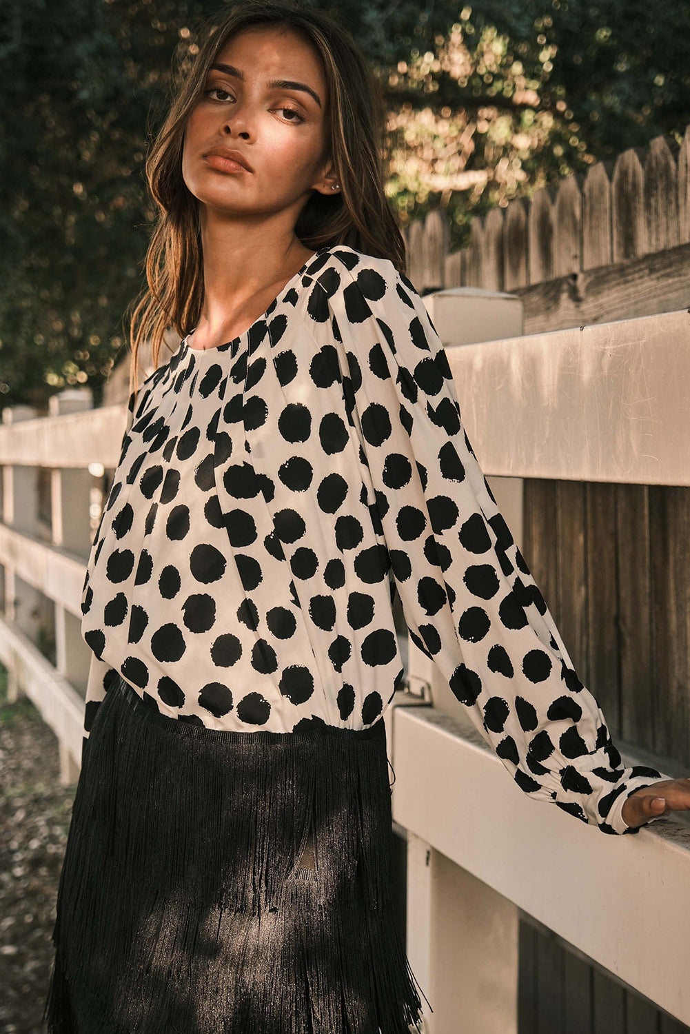 Polka Dot Print Buttoned Sleeve Pleat Blouse | Black