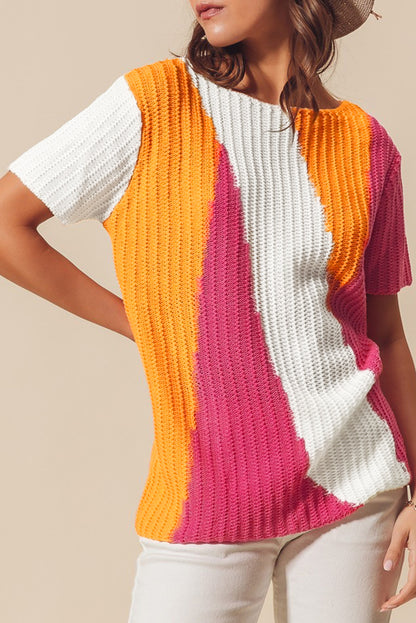 Textured Knit Colourblock Short Sleeve Sweater | Orange