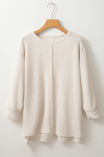 Waffle Knit Splits Batwing Sleeve Oversized Top | Apricot