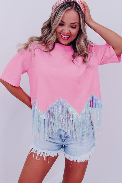 Fringed Sequin Crop T-Shirt | Pink