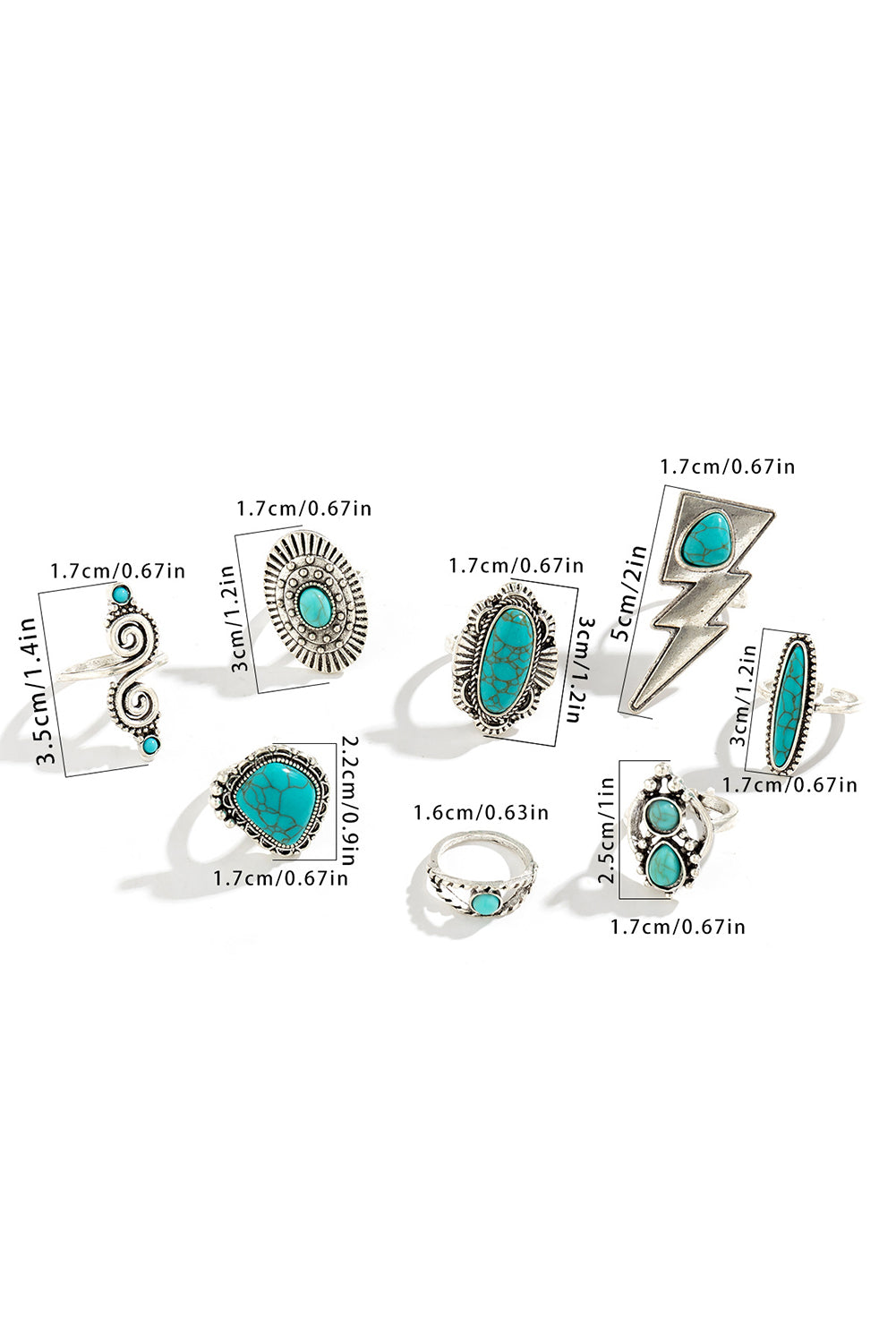 8Pcs Turquoise Inlay Western Ring Set | Silvery