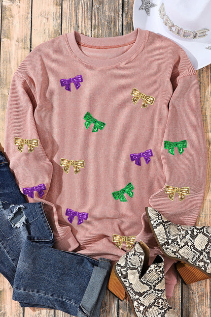 Mardi Gras Sequin Bow Knot Drop Shoulder Corded Sweatshirt | Pink