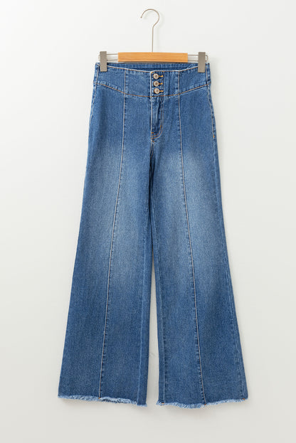 High Waist Button Fly Seamed Raw Hem Flare Jeans | Sail Blue