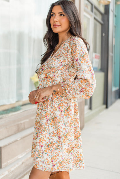 Boho Floral V Neck Ruffled Empire Waist Long Sleeve Mini Dress | Yellow