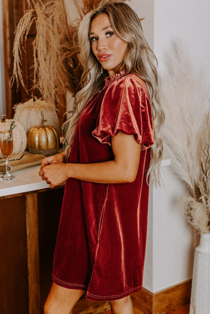 Velvet Smocked Neckline Puff Sleeve Shift Mini Dress | Cinnamon