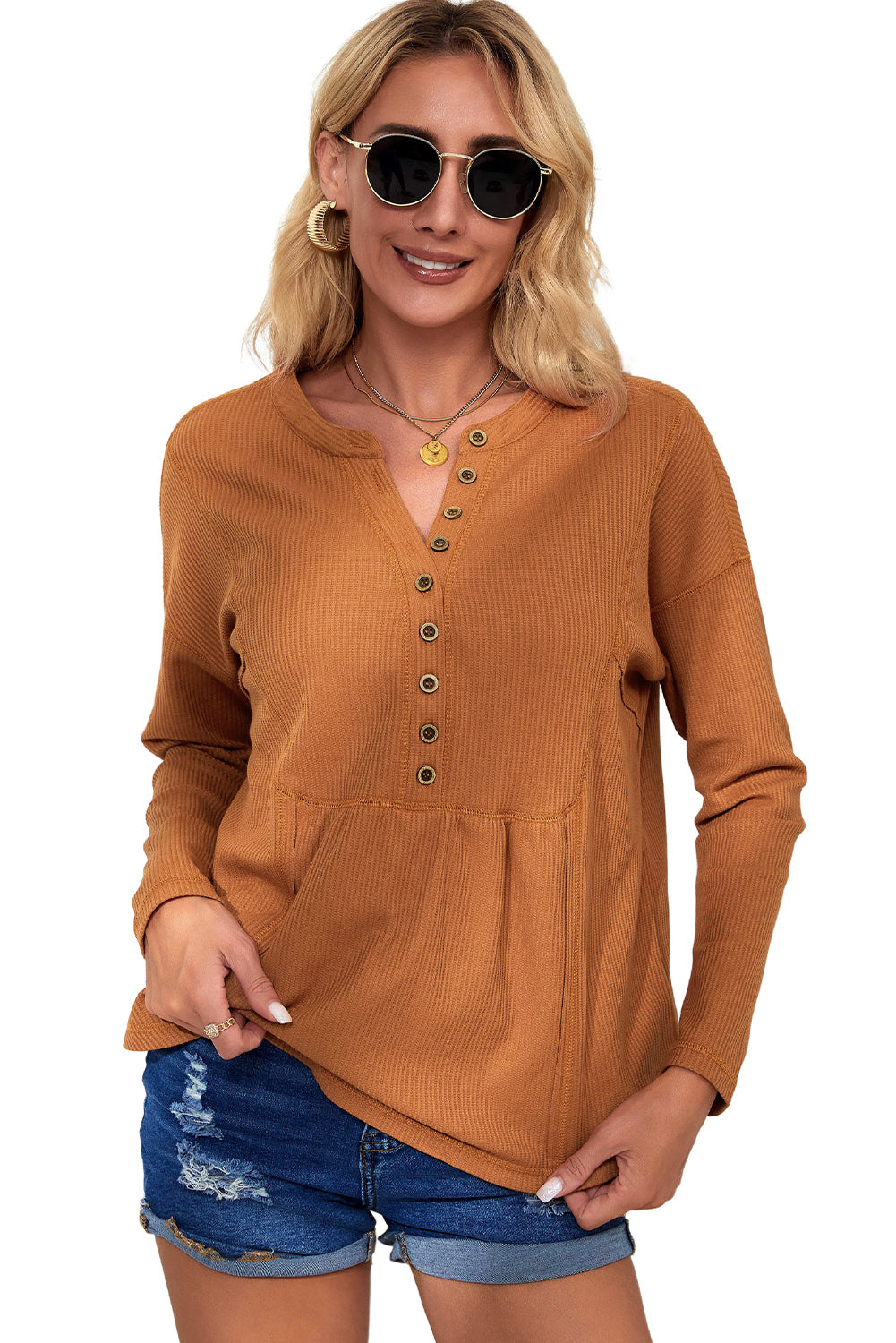 Waffle Knit Half Button Henley Top | Brown