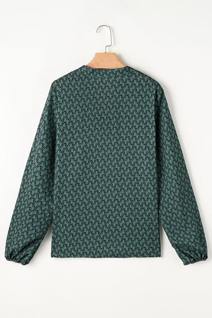 Geometric Print Notched Neck Puff Sleeve Blouse | Green