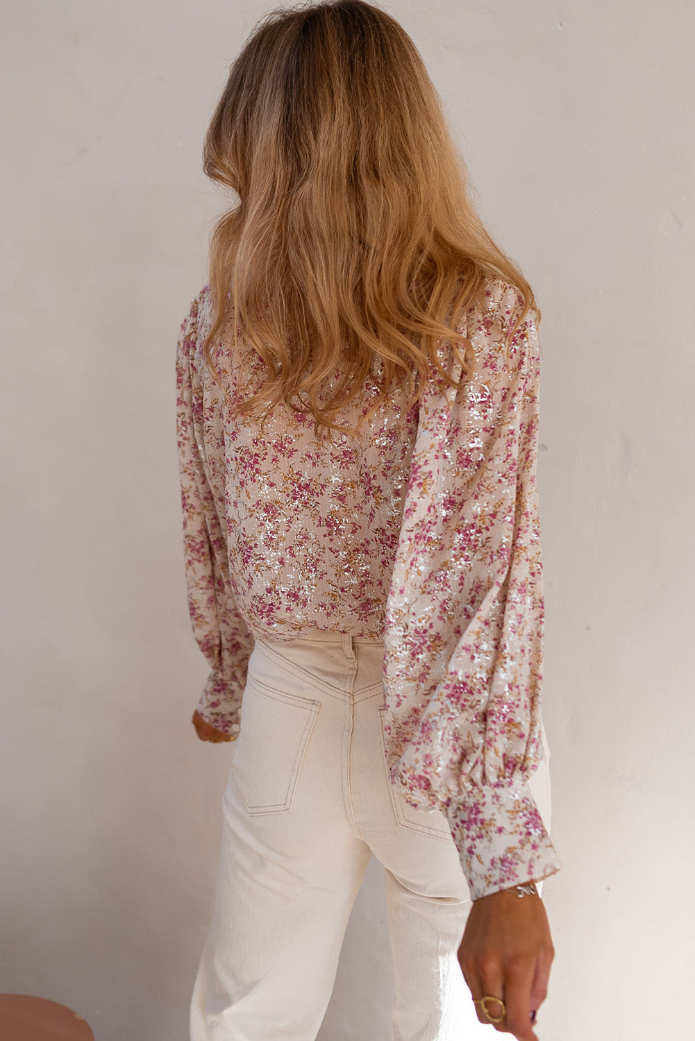 Floral Print Bishop Sleeve Collared V Neck Shirt | Pink