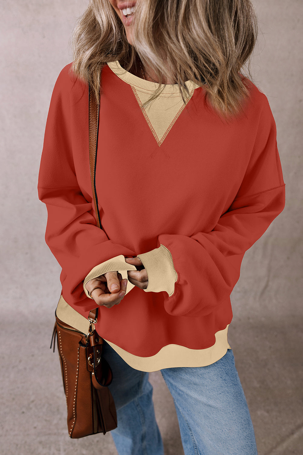 Colour Block Patch Drop Shoulder Oversized Sweatshirt | Red Clay