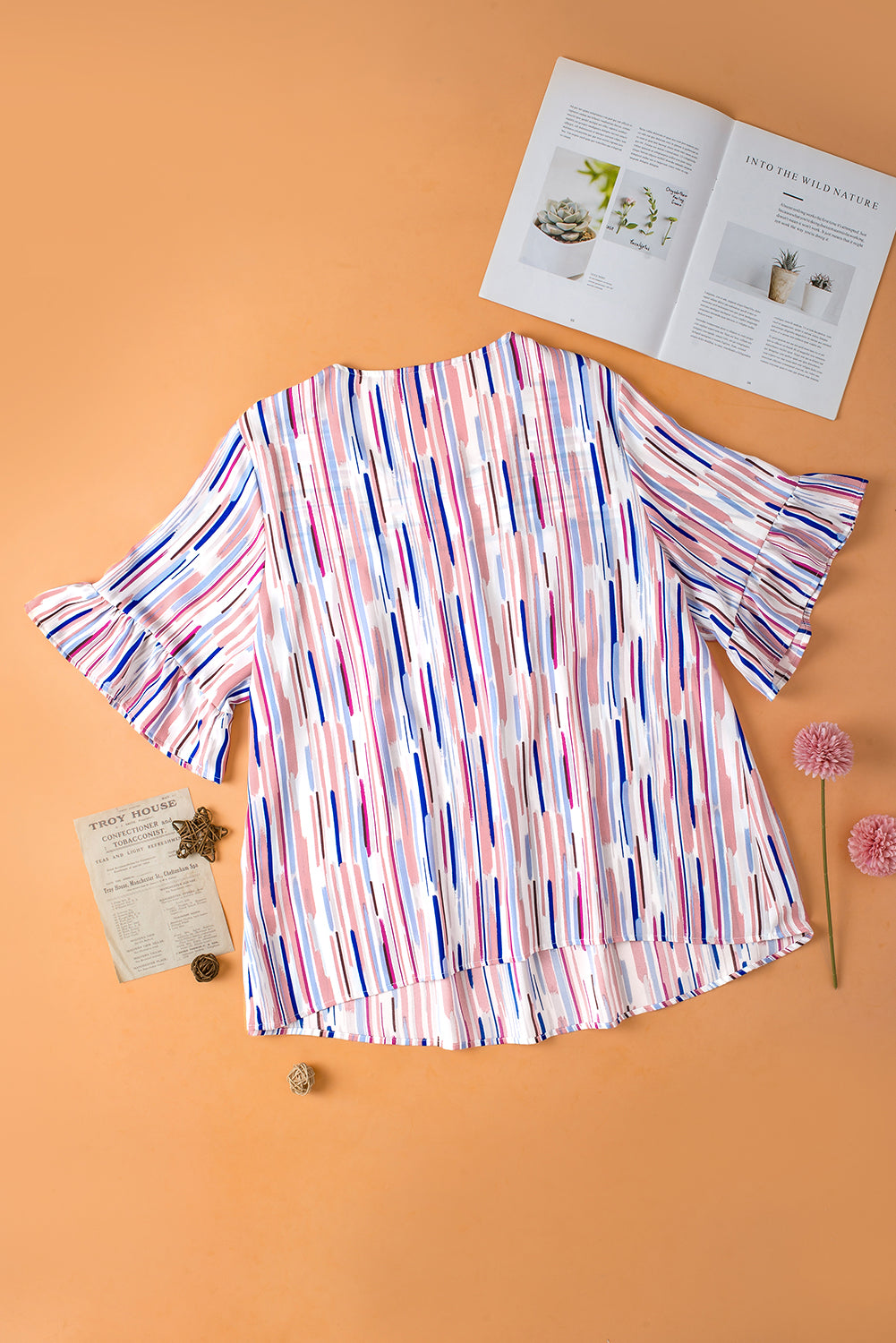 Ruffled Short Sleeve Plus Size Blouse | White Stripe