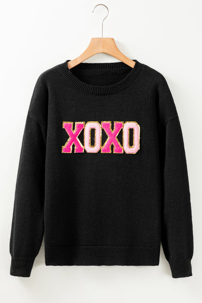 Black Xoxo Glitter Print Round Neck Casual Sweater | Colour black