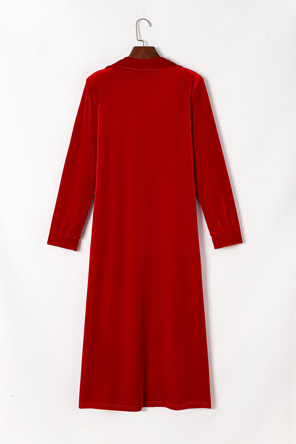 Fiery  Velvet Open Front Pocketed Long Duster | Red