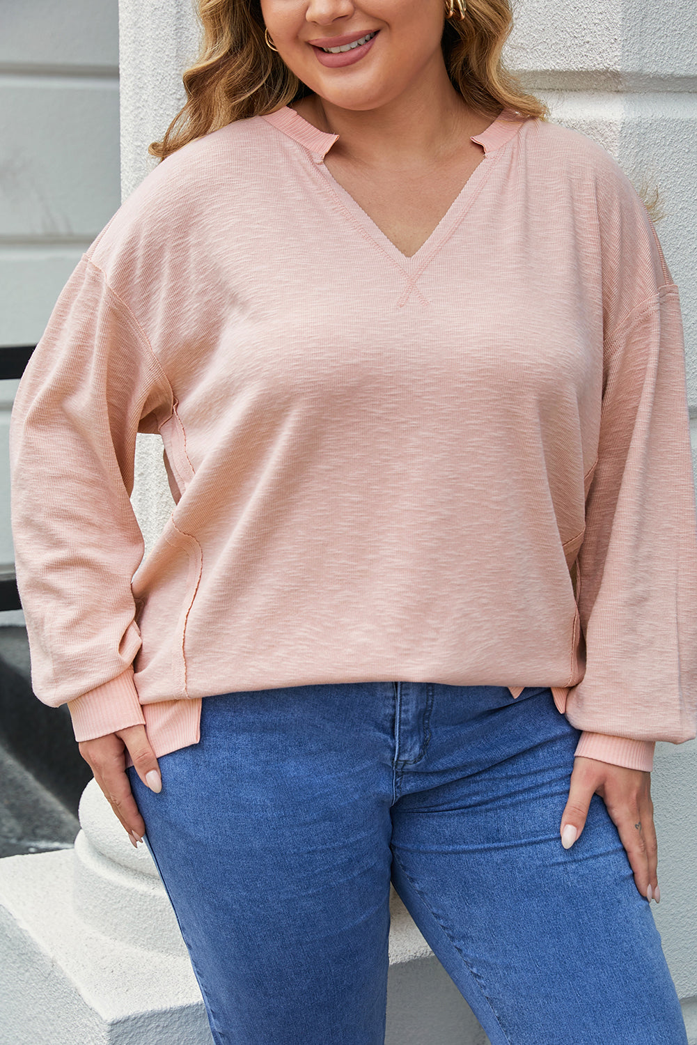 Raw Cut Notched Neck Plus Size French Terry Hoodie | Pink