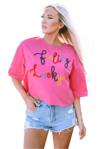 Feeling Lucky Embroidered Letter Graphic Half Sleeve Top | Bonbon