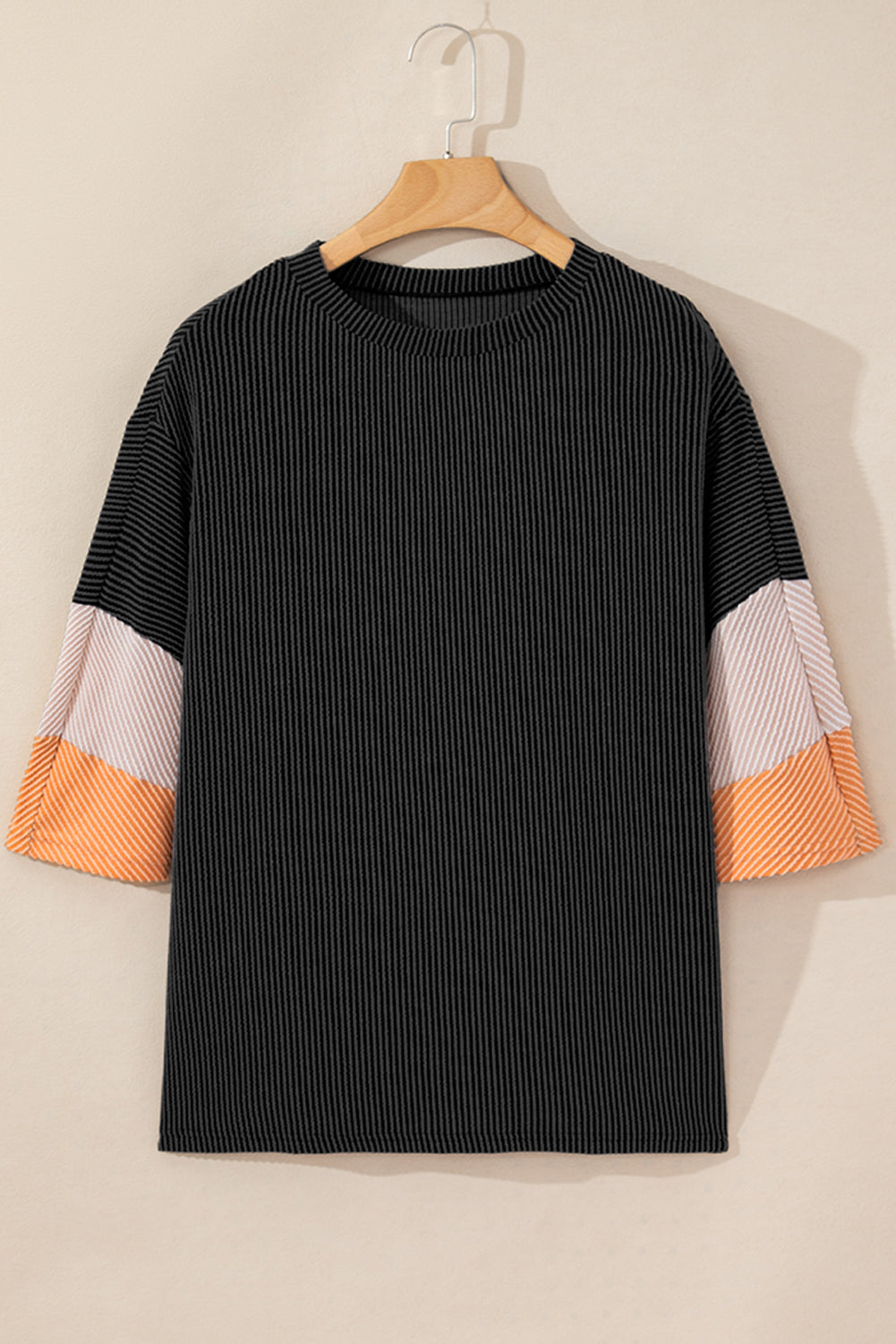 Colour Block Ribbed Knit Quarter Sleeve Top | Carbon Grey