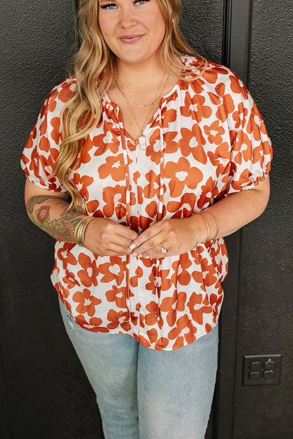 Plus Size Floral Print Drawstring V Neck Short Sleeve Blouse | Orange