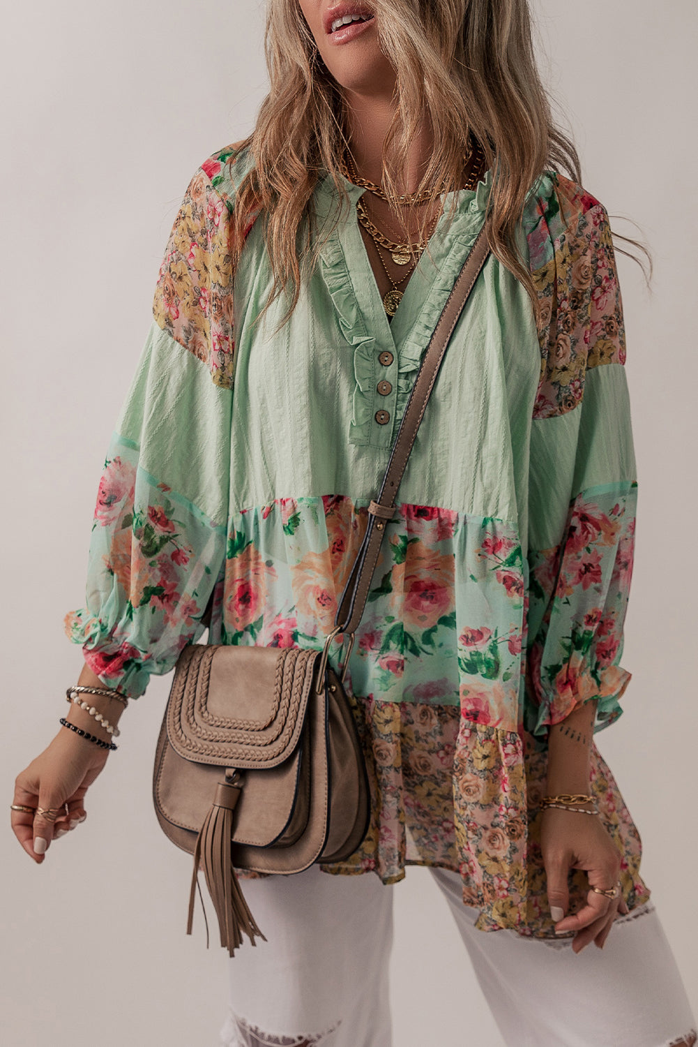 Floral Patchwork Frilled Split Neck Blouse | Green Printed