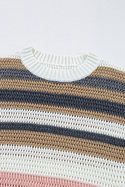 Colour Block Eyelet Knit Short Sleeve Sweater Tee | Pink Stripe