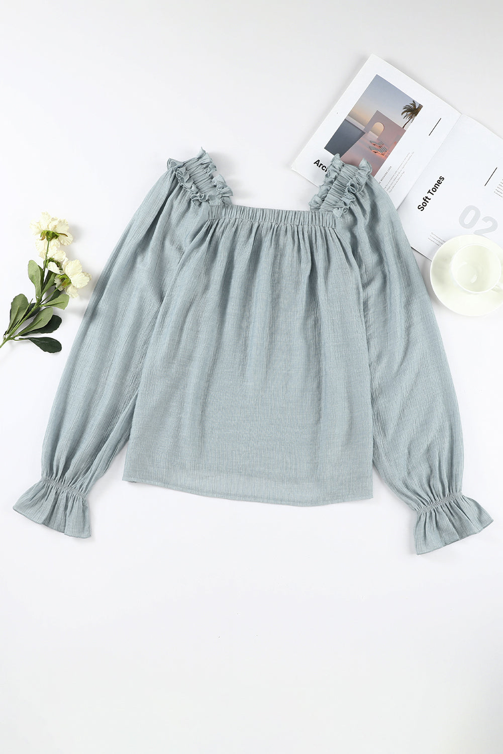 Ruffled Square Neck Cuffs Long Sleeve Blouse | Green