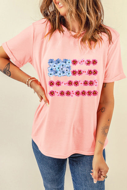 Floral Printed Crew Neck Flag Day T Shirt | Pink