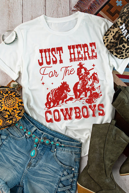 Just Here For The Cowboy Cuffed Sleeve Crew Neck T Shirt | White