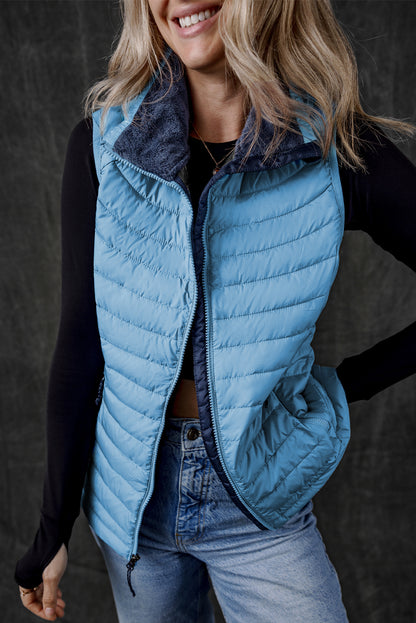 Plush Collared Quilted Zipped Puffer Vest | Sky Blue