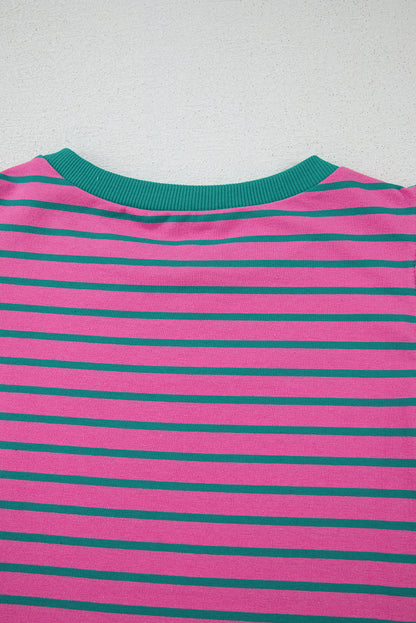 Colourblock Ruffled Sleeve Crew Neck Blouse | Pink Stripe