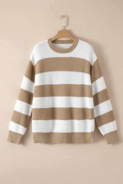 Colourblock Striped Drop Shoulder Side Slit Sweater | Light French Beige