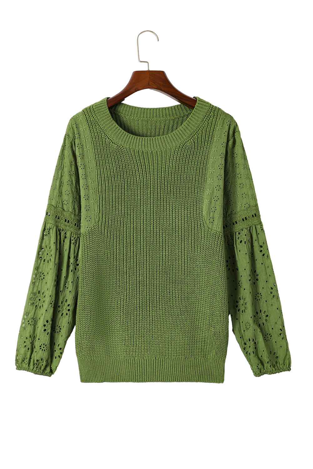 Eyelet Drop Shoulder Patchwork Pullover Sweater | Green