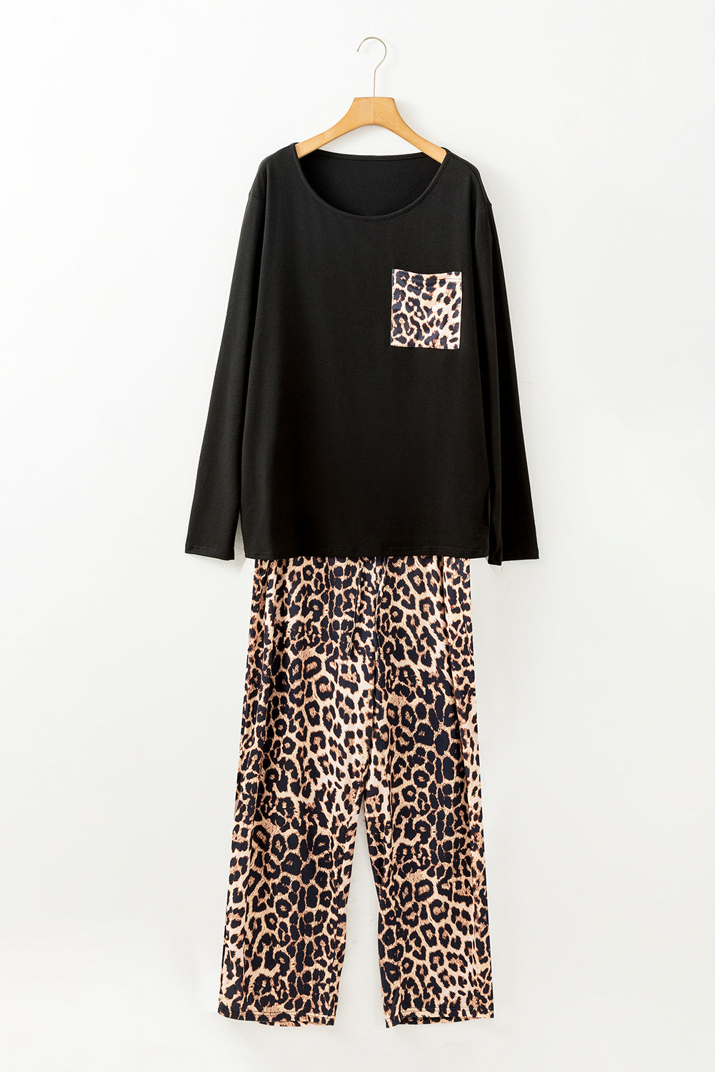 Leopard Patched Pocket Long Sleeve Top Plus Size Pants Set | Black