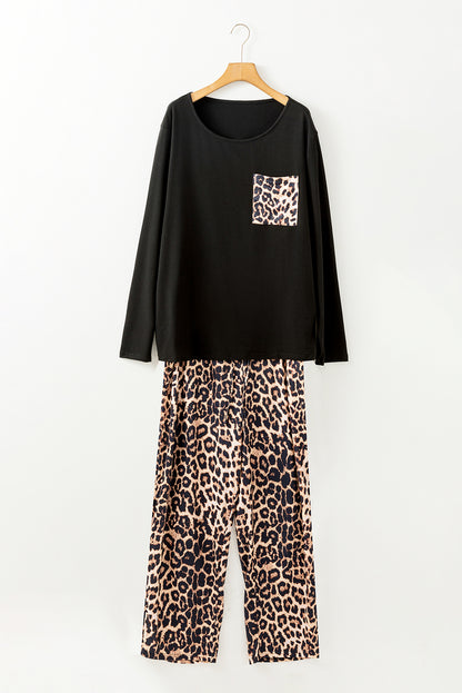 Leopard Patched Pocket Long Sleeve Top Plus Size Pants Set | Black