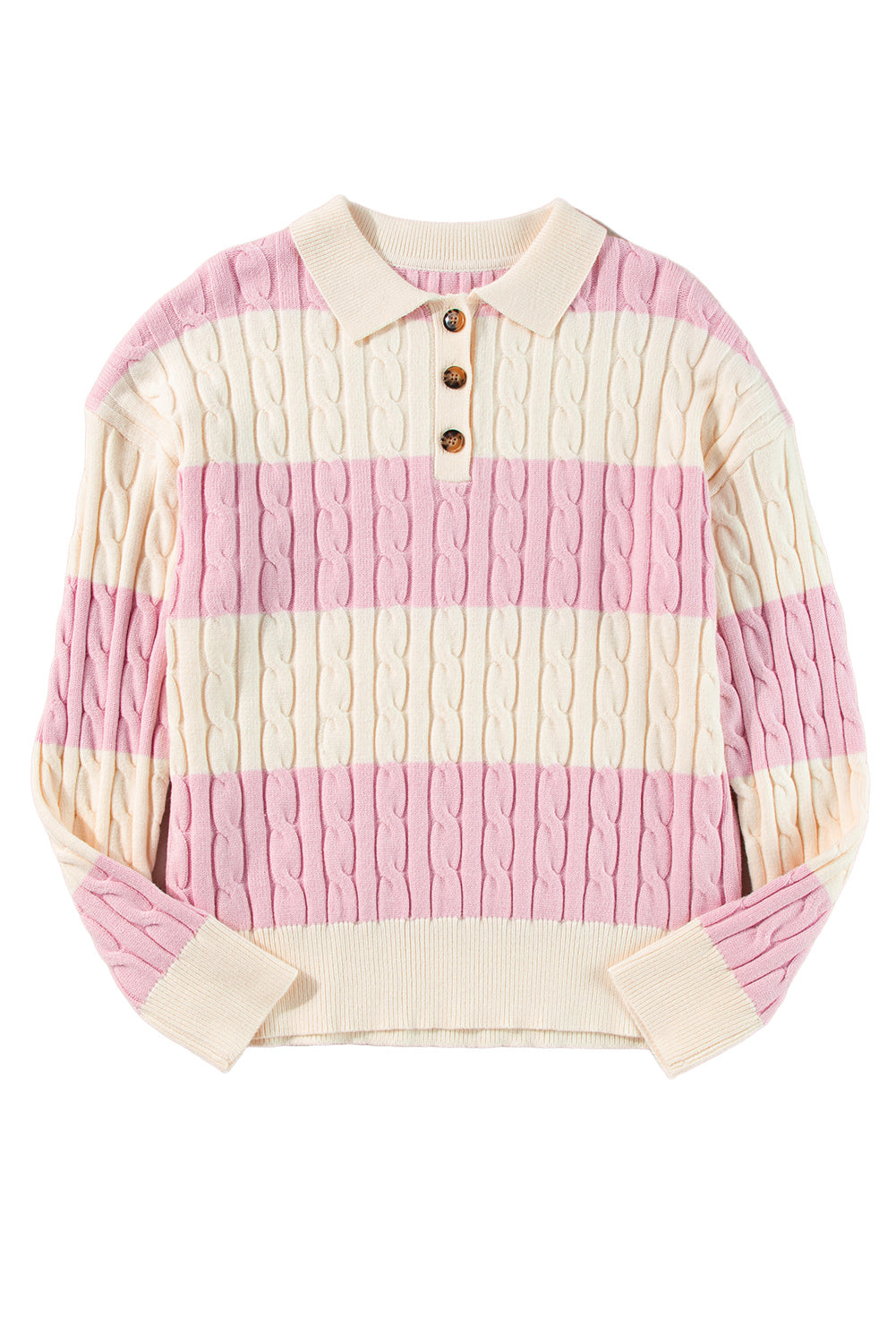 Cable Knit Collared Henley Sweater | Pink Stripe