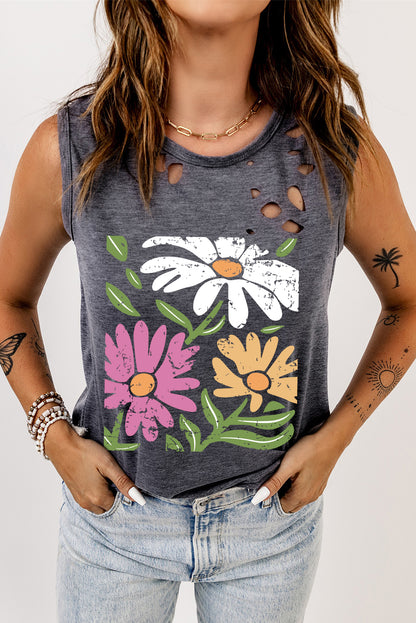 Floral Printed Ripped Crewneck Tank Top | Gray