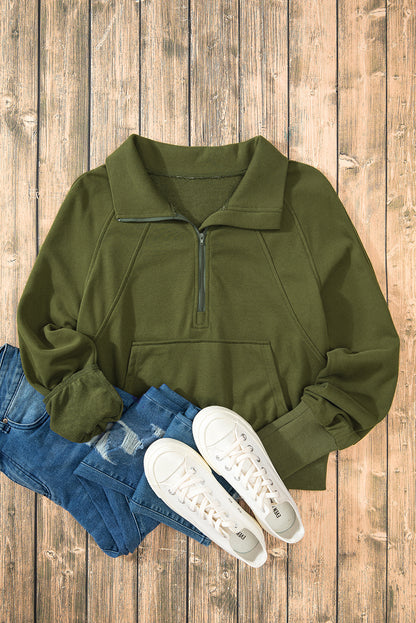 Quarter Zip Stand Neck Kangaroo Pocket Sweatshirt | Moss Green