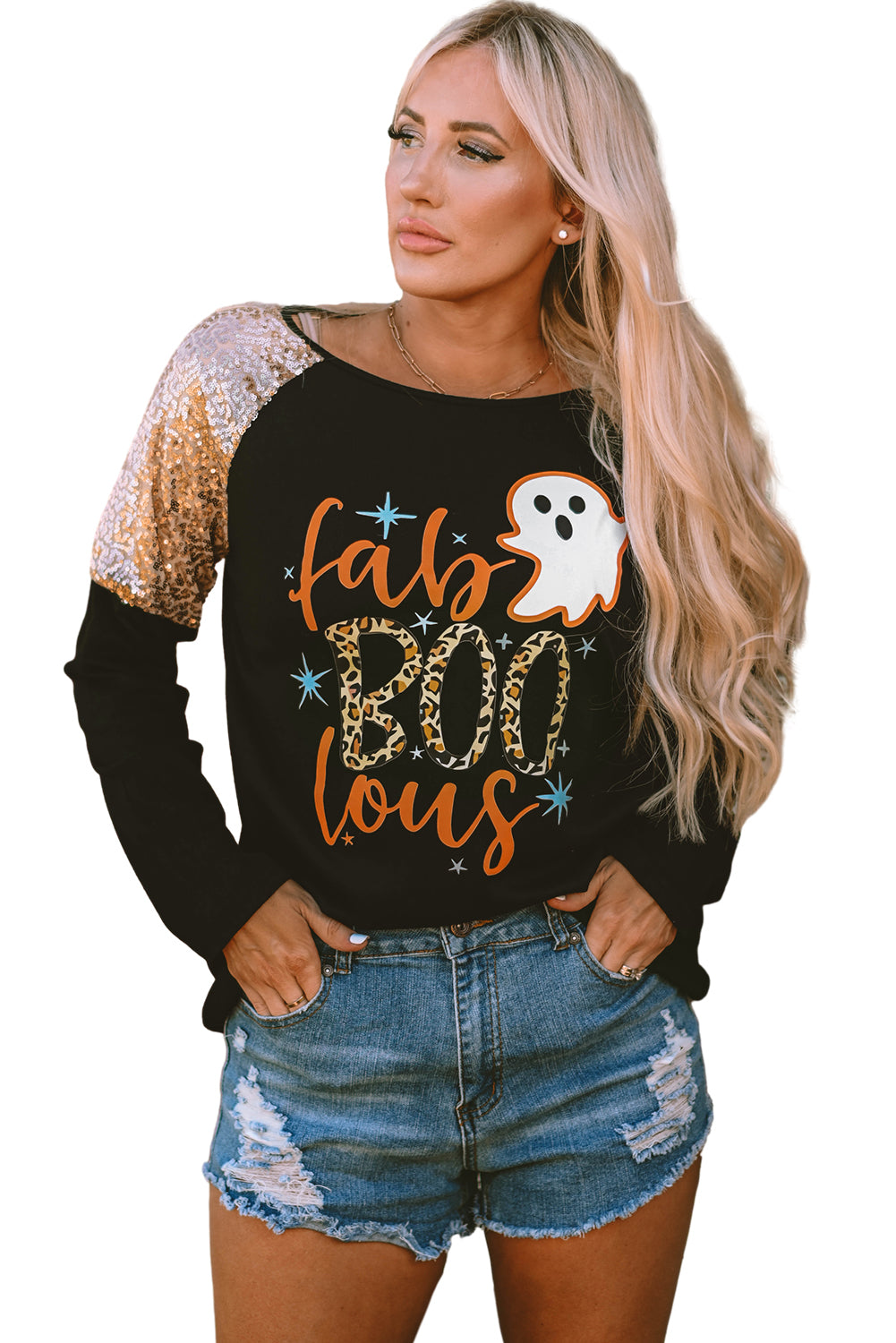 Leopard Boo Ghost Graphic Sequin Raglan Sleeve Top | Black